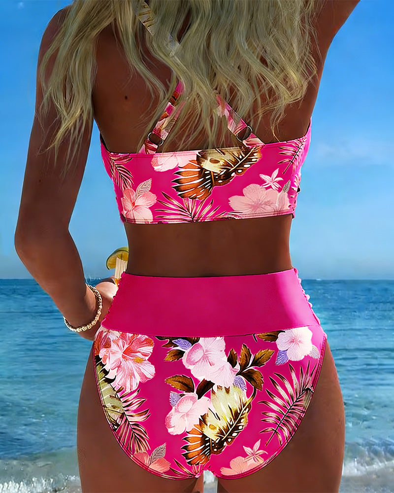 Helene | Geteilter Bikini mit Kontrast-Blumenmuster