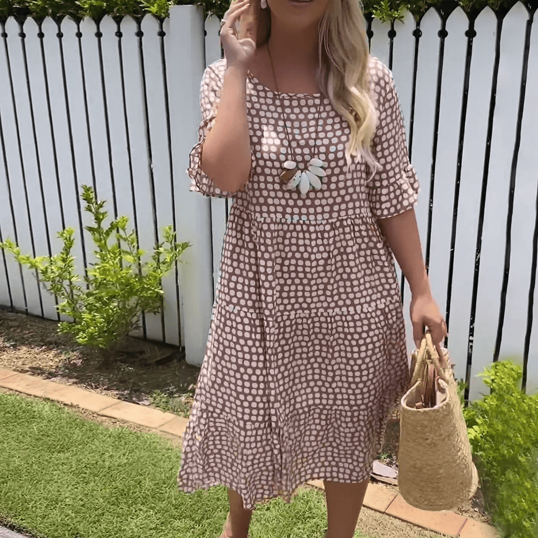 ZORA | Sandfarbenes Midi-Kleid mit kurzen Ärmeln