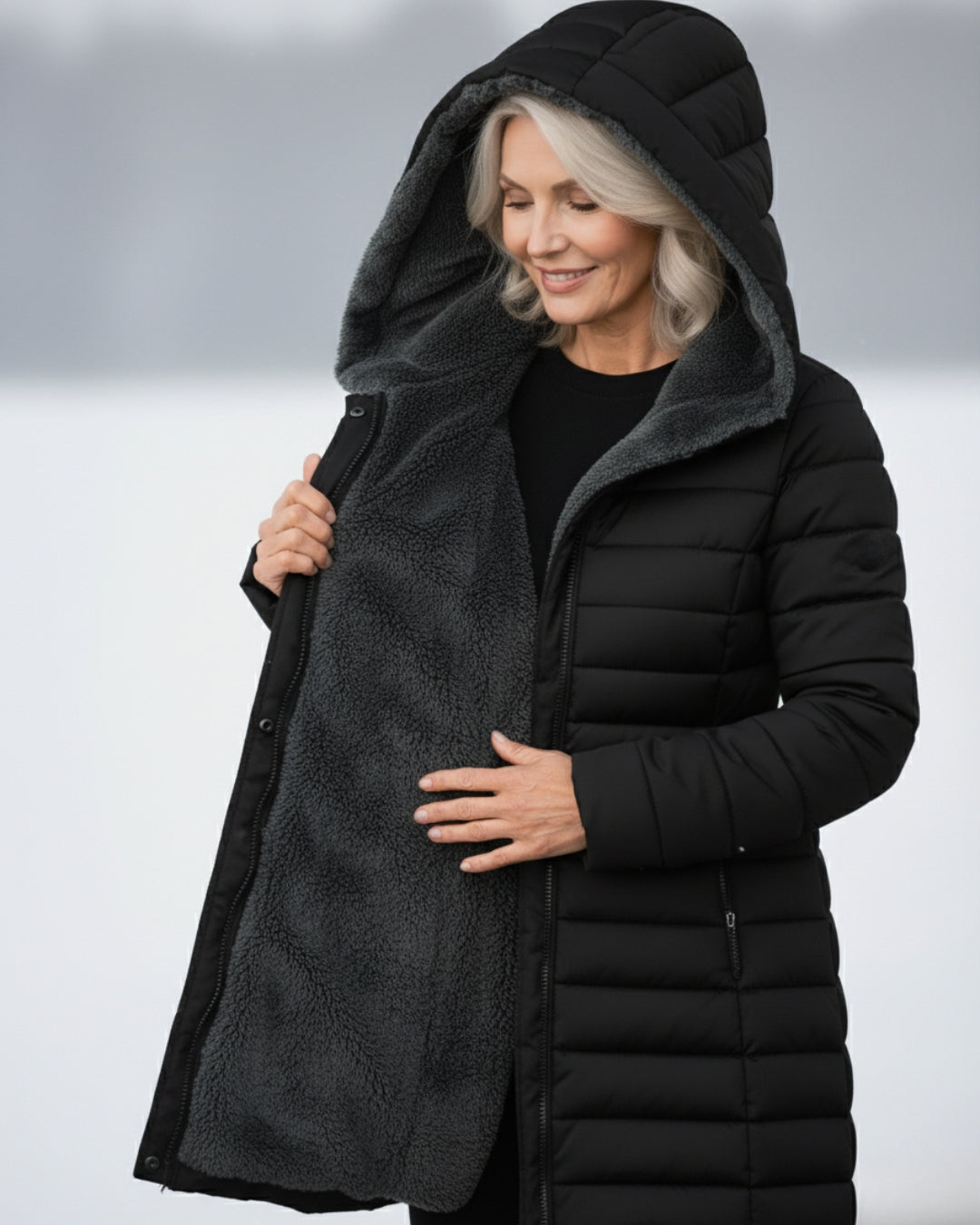 Isabella | Langer Steppmantel mit Kapuze