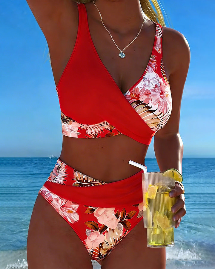 Helene | Geteilter Bikini mit Kontrast-Blumenmuster