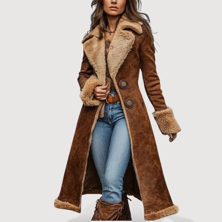 Francesca | Langer Mantel im Lammfell-Look mit Sherpa-Innenfutter