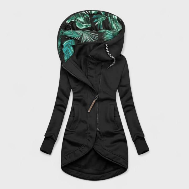 Lucia | Lange Jacke mit Kapuze und asymmetrischem Reißverschluss