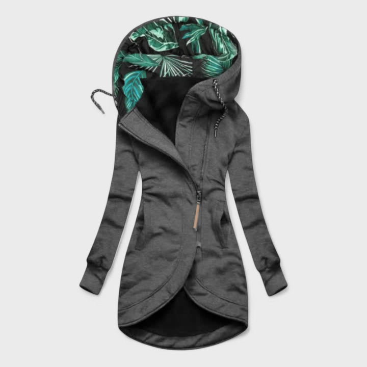 Lucia | Lange Jacke mit Kapuze und asymmetrischem Reißverschluss