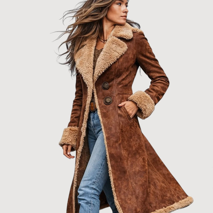 Francesca | Langer Mantel im Lammfell-Look mit Sherpa-Innenfutter