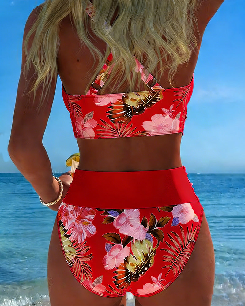 Helene | Geteilter Bikini mit Kontrast-Blumenmuster