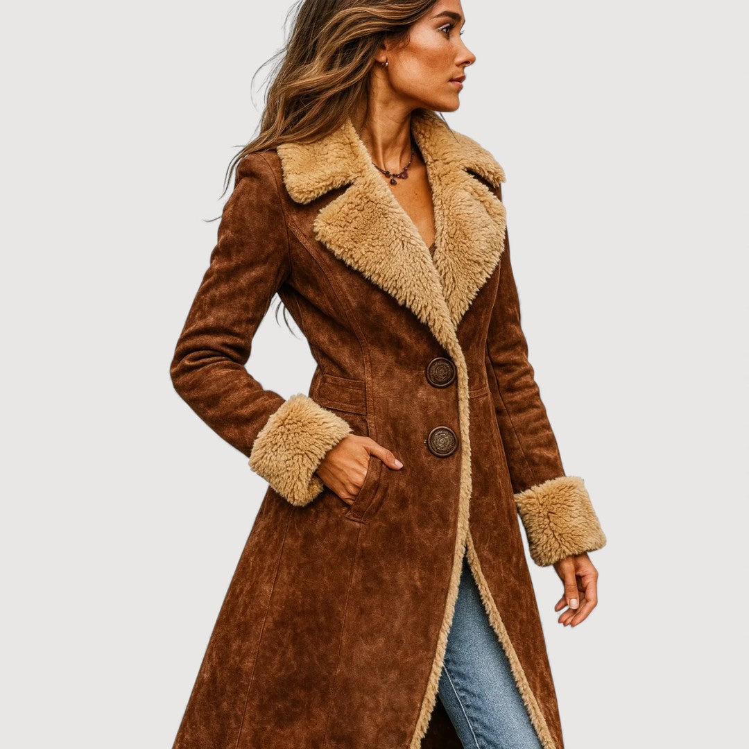 Francesca | Langer Mantel im Lammfell-Look mit Sherpa-Innenfutter