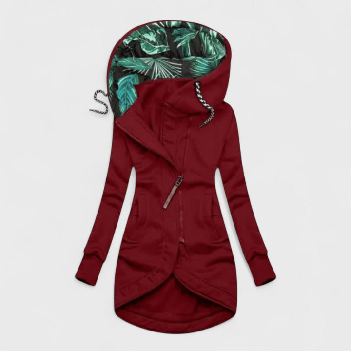 Lucia | Lange Jacke mit Kapuze und asymmetrischem Reißverschluss