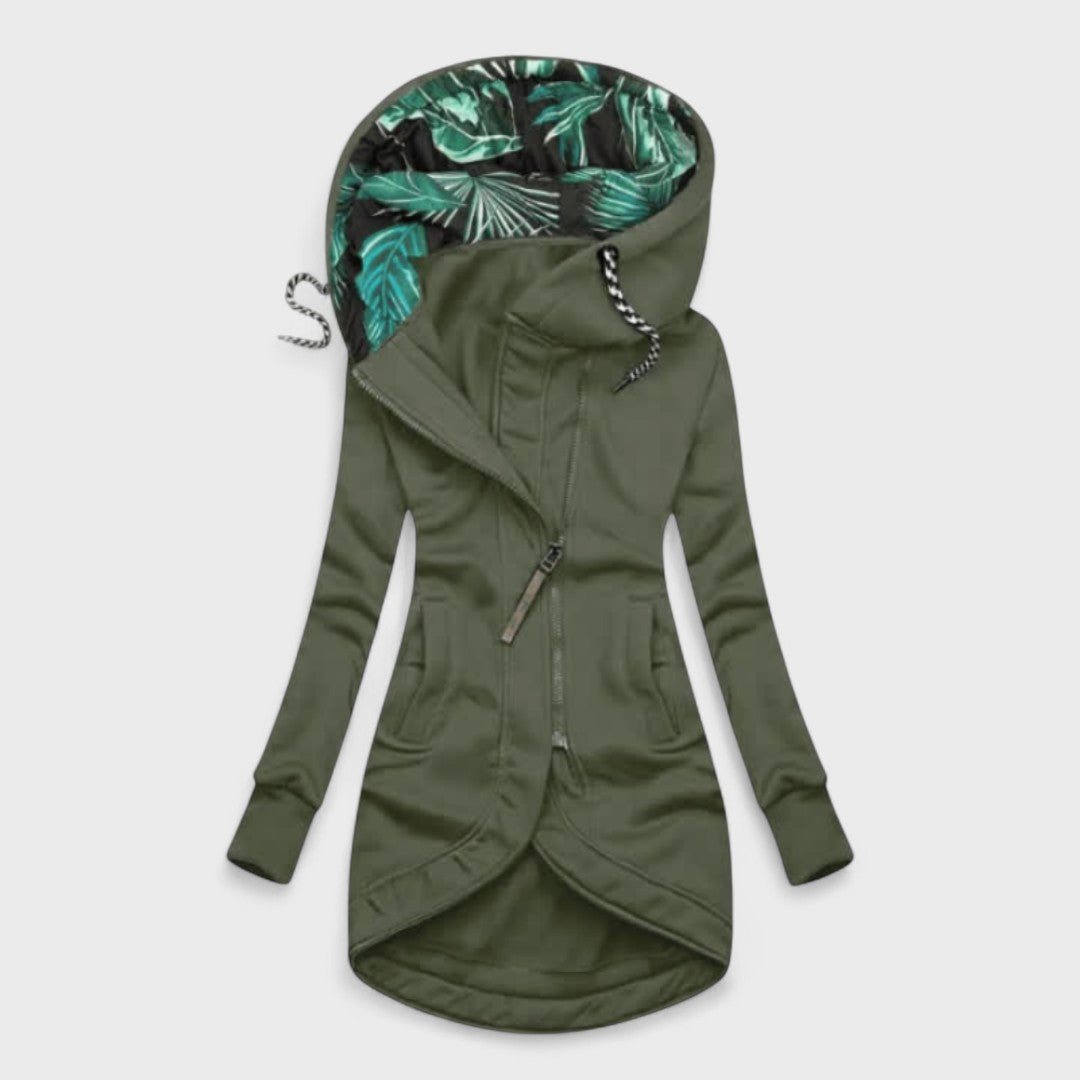 Lucia | Lange Jacke mit Kapuze und asymmetrischem Reißverschluss