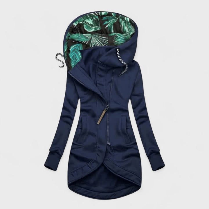 Lucia | Lange Jacke mit Kapuze und asymmetrischem Reißverschluss