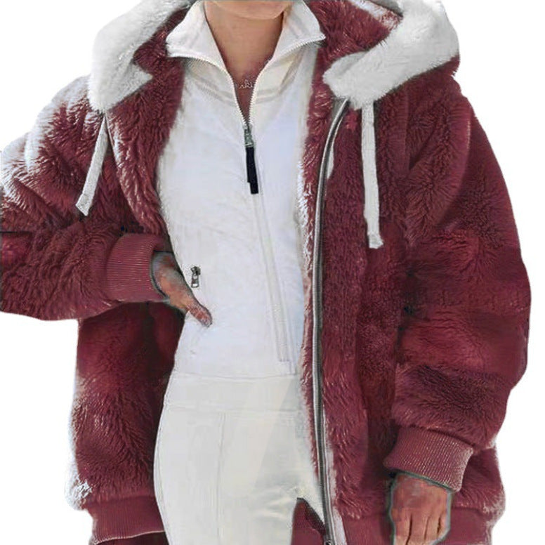 Serena | Teddy-Jacke mit Farbblock, Kapuze und Reißverschluss