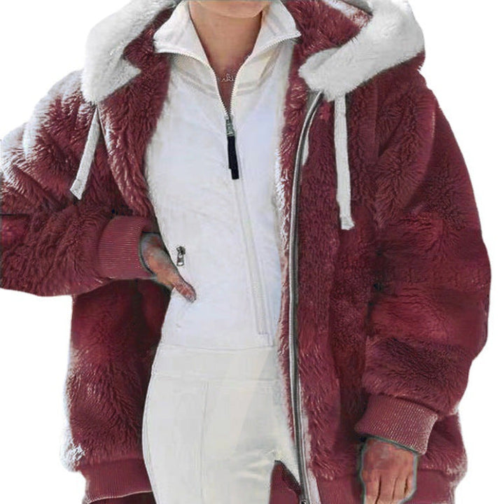 Serena | Teddy-Jacke mit Farbblock, Kapuze und Reißverschluss