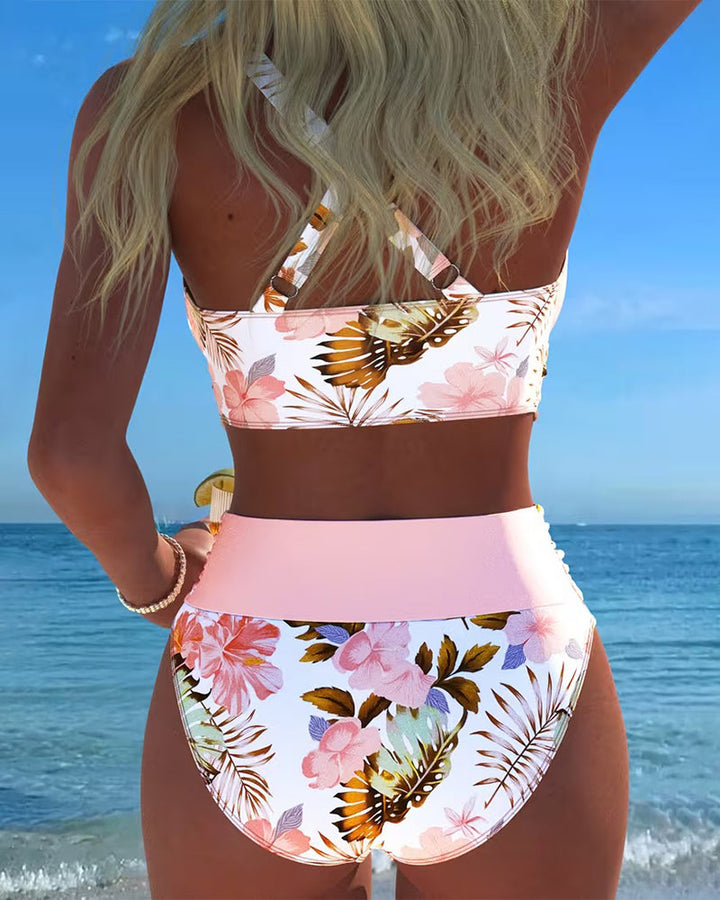 Helene | Geteilter Bikini mit Kontrast-Blumenmuster