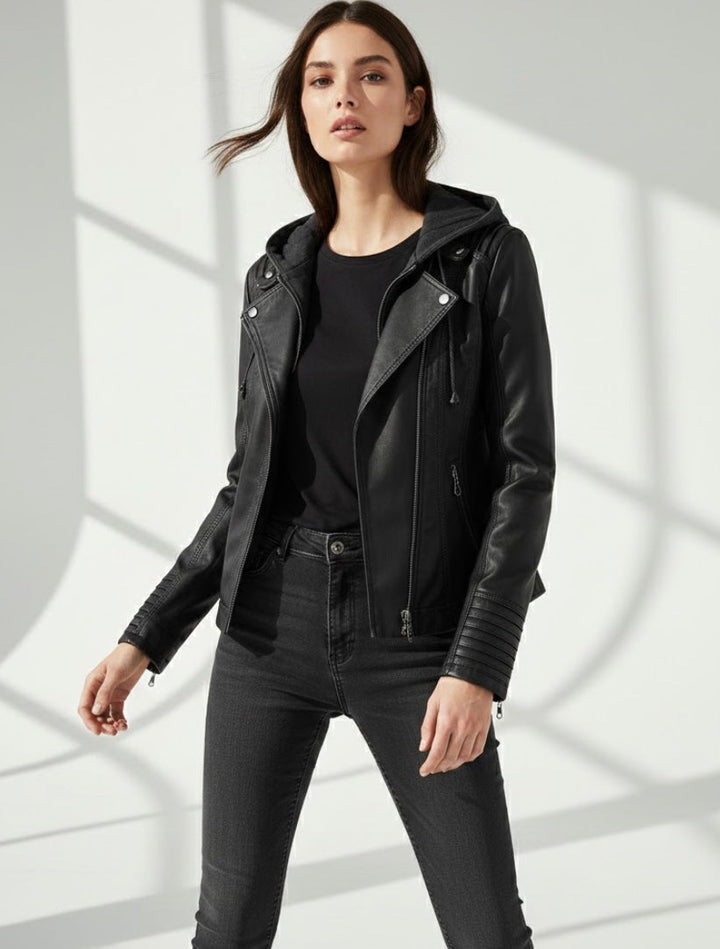 Giulia | Bikerjacke im Lederlook mit Kapuze