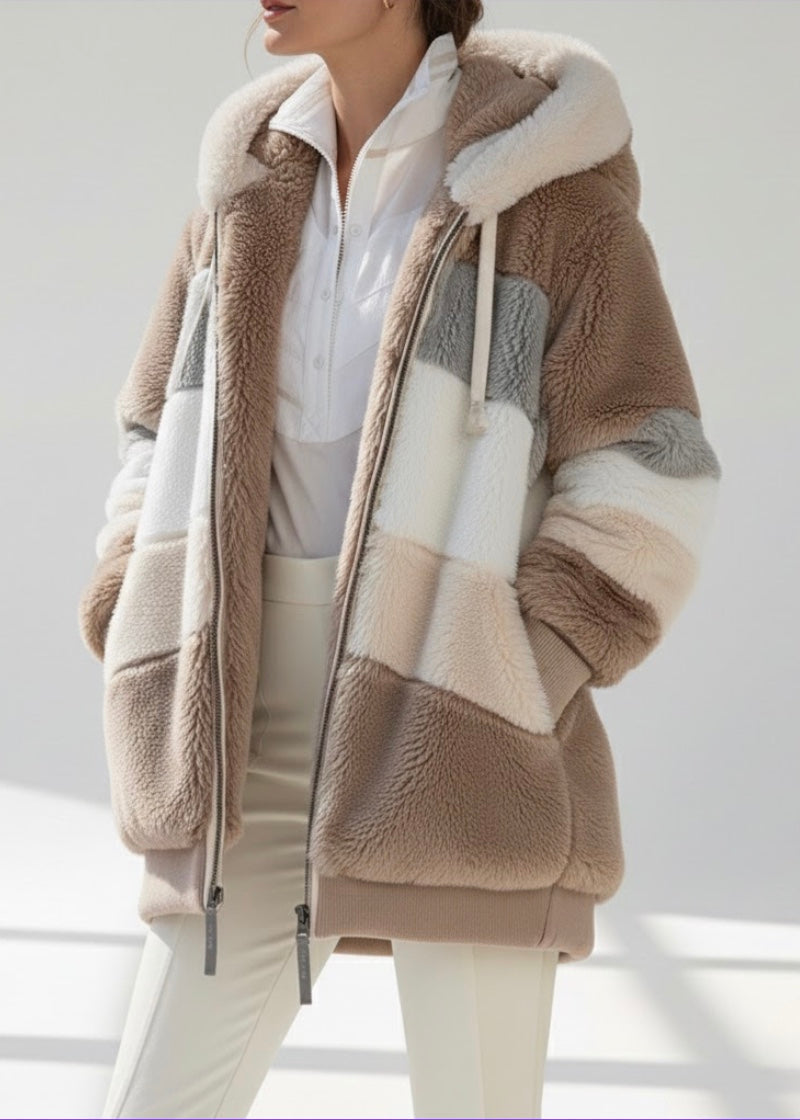 Serena | Teddy-Jacke mit Farbblock, Kapuze und Reißverschluss