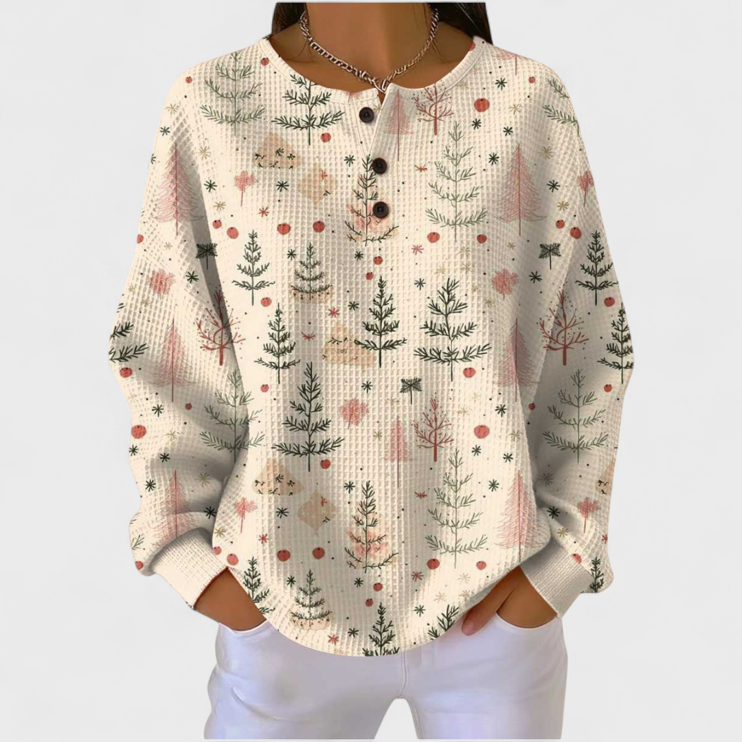 Matilde | Cremefarbener Baumwoll-Weihnachtsstrickpullover mit Baum-Motiv