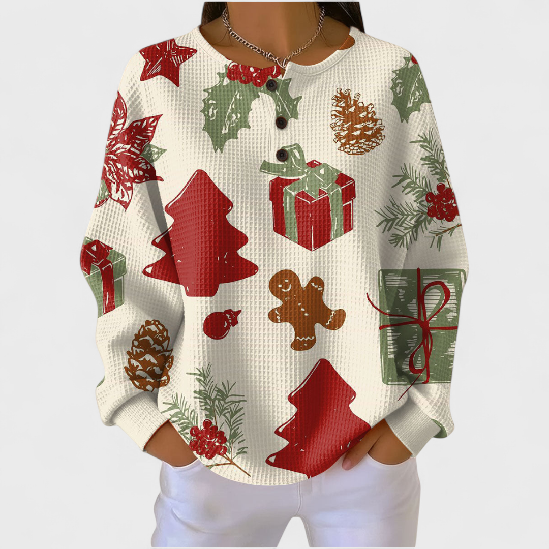 Olivia | Bunter Baumwoll-Weihnachtspullover mit festlichen Motiven