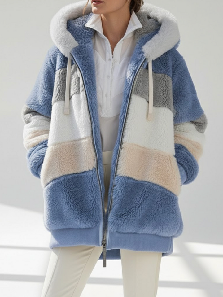 Serena | Teddy-Jacke mit Farbblock, Kapuze und Reißverschluss