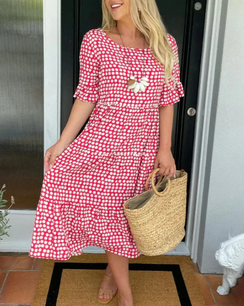 ZORA | Sandfarbenes Midi-Kleid mit kurzen Ärmeln