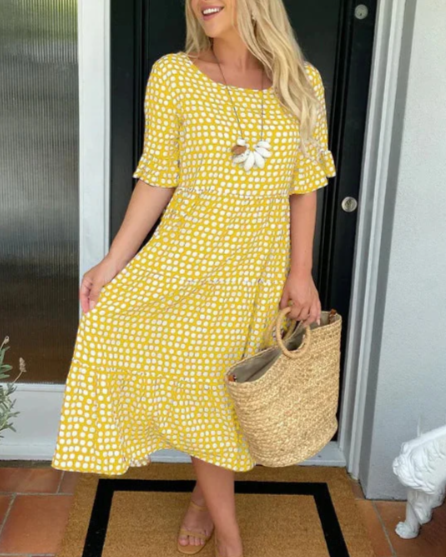 ZORA | Sandfarbenes Midi-Kleid mit kurzen Ärmeln