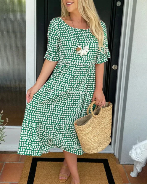 ZORA | Sandfarbenes Midi-Kleid mit kurzen Ärmeln