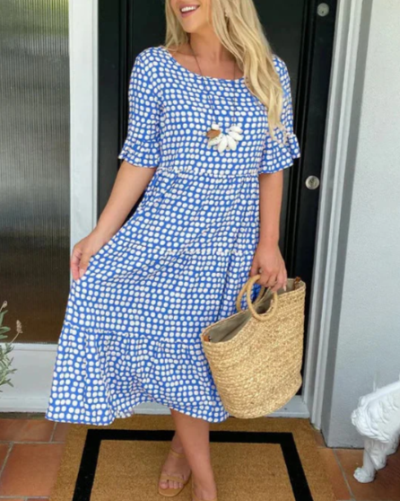 ZORA | Sandfarbenes Midi-Kleid mit kurzen Ärmeln