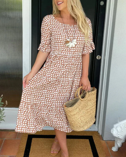 ZORA | Sandfarbenes Midi-Kleid mit kurzen Ärmeln