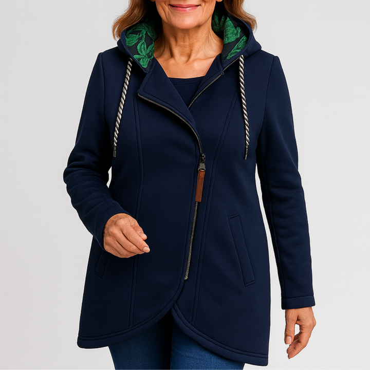 Lucia | Lange Jacke mit Kapuze und asymmetrischem Reißverschluss