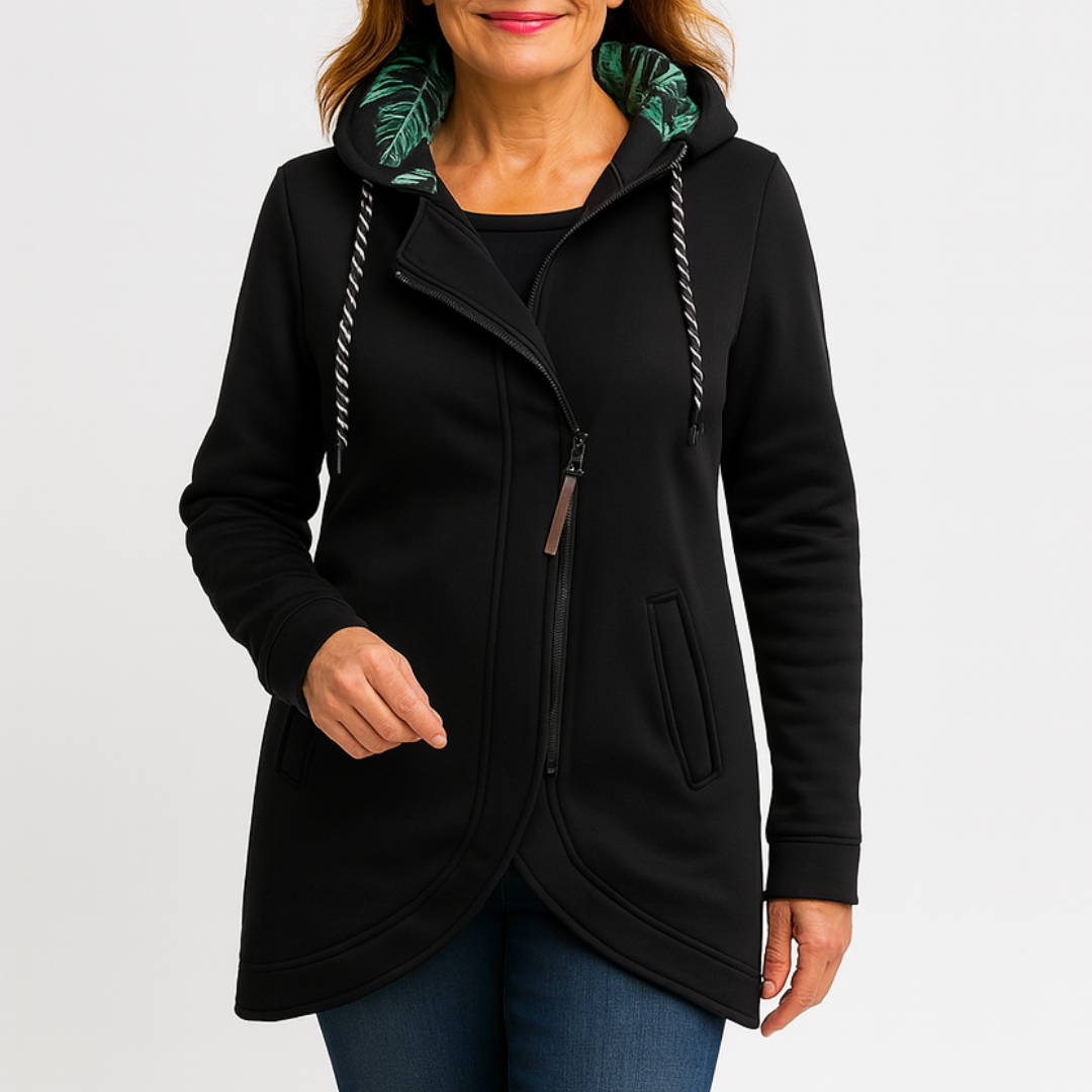 Lucia | Lange Jacke mit Kapuze und asymmetrischem Reißverschluss