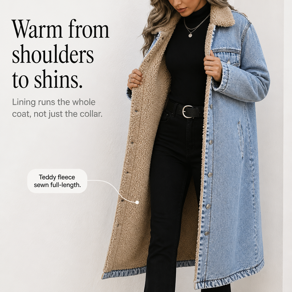 Greta | Langer Jeansmantel mit Teddyfutter