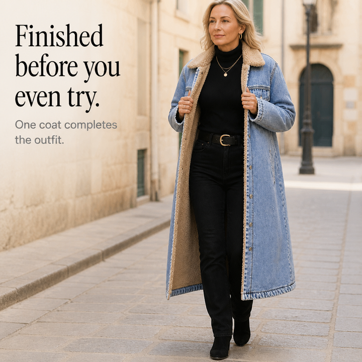 Greta | Langer Jeansmantel mit Teddyfutter