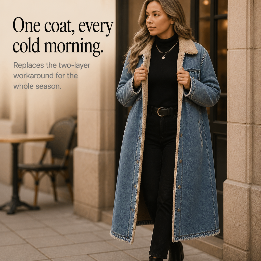 Greta | Langer Jeansmantel mit Teddyfutter