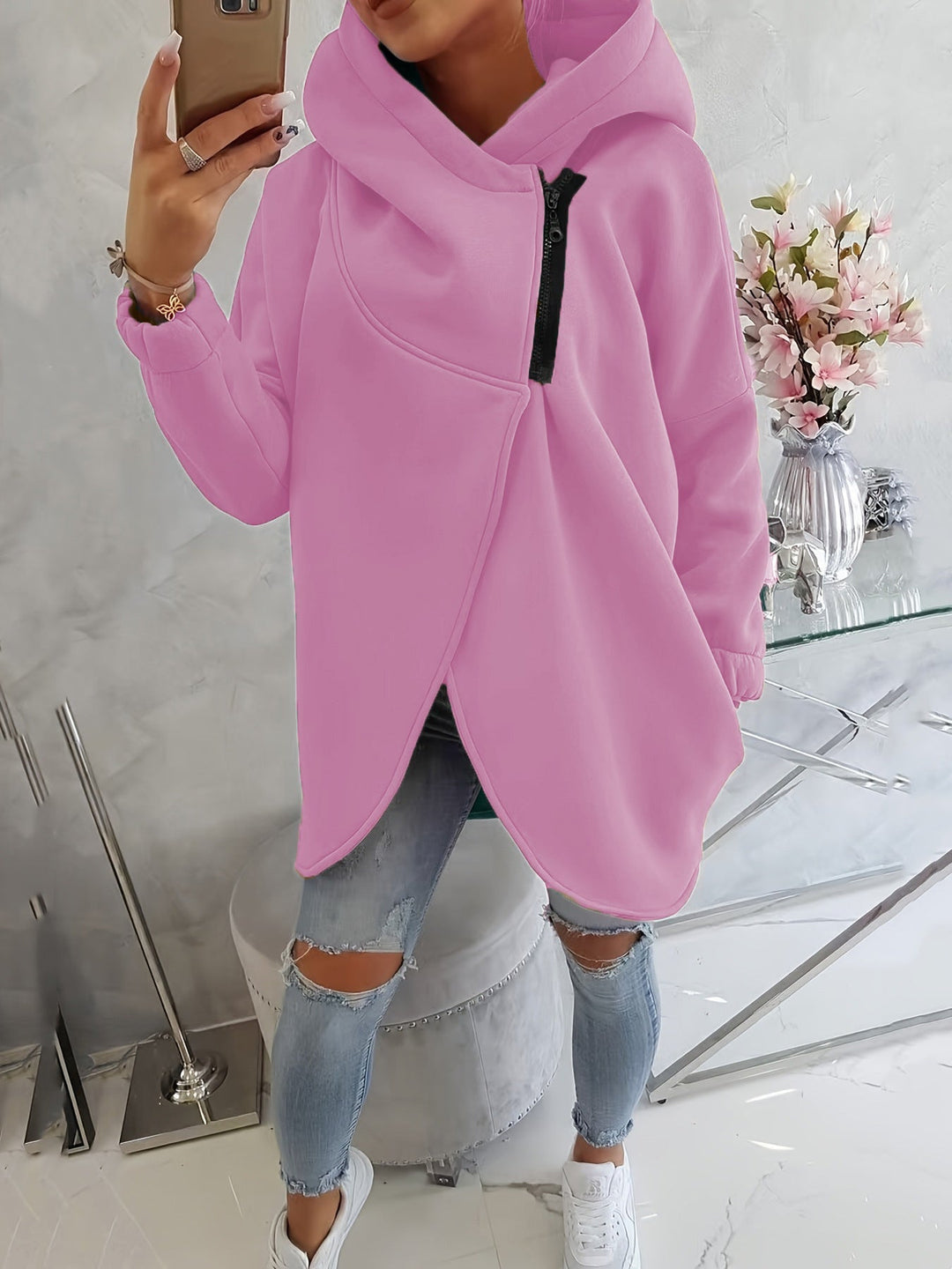 Ginevra | Oversize Hoodie-Jacke mit Kapuze und asymmetrischem Reißverschluss