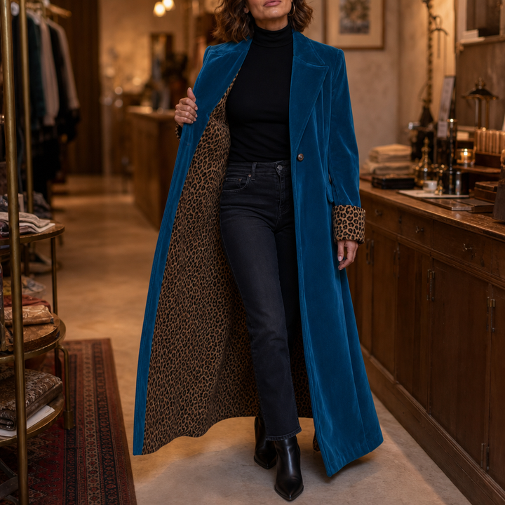 Valentina | Eleganter Samtmantel mit Animal-Details