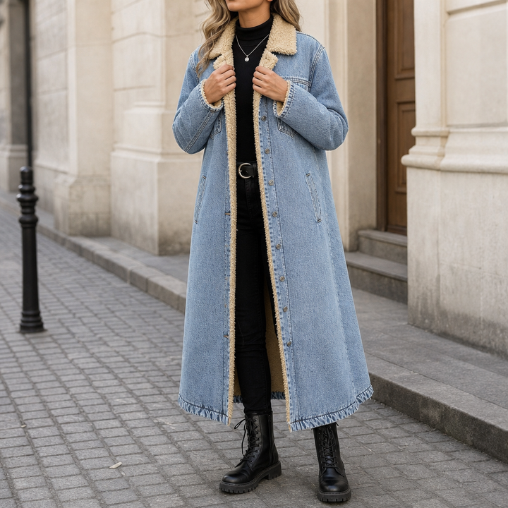 Greta | Langer Jeansmantel mit Teddyfutter