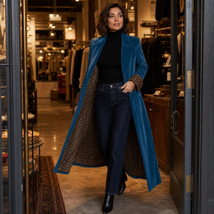 Valentina | Eleganter Samtmantel mit Animal-Details