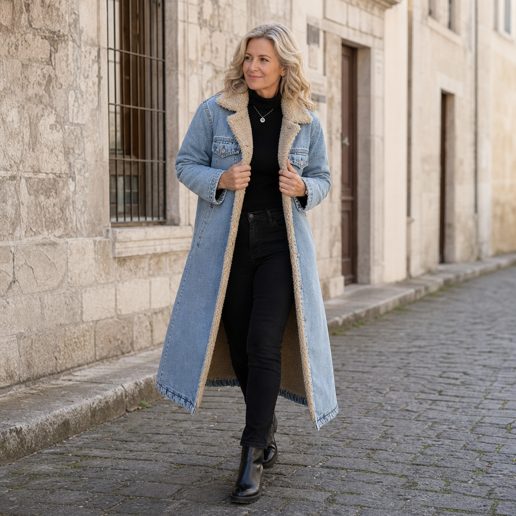 Greta | Langer Jeansmantel mit Teddyfutter
