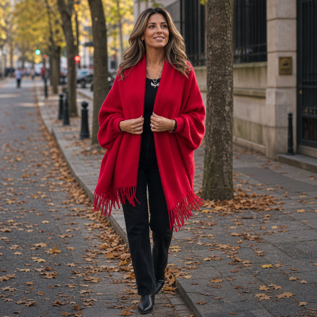 Tanja | Strick-Poncho mit Fransensaum