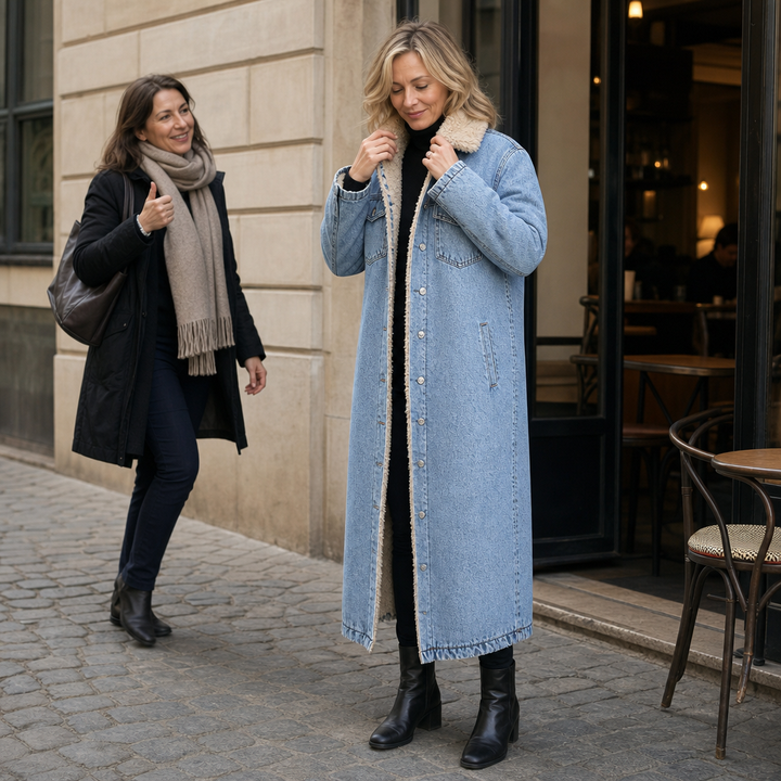 Greta | Langer Jeansmantel mit Teddyfutter