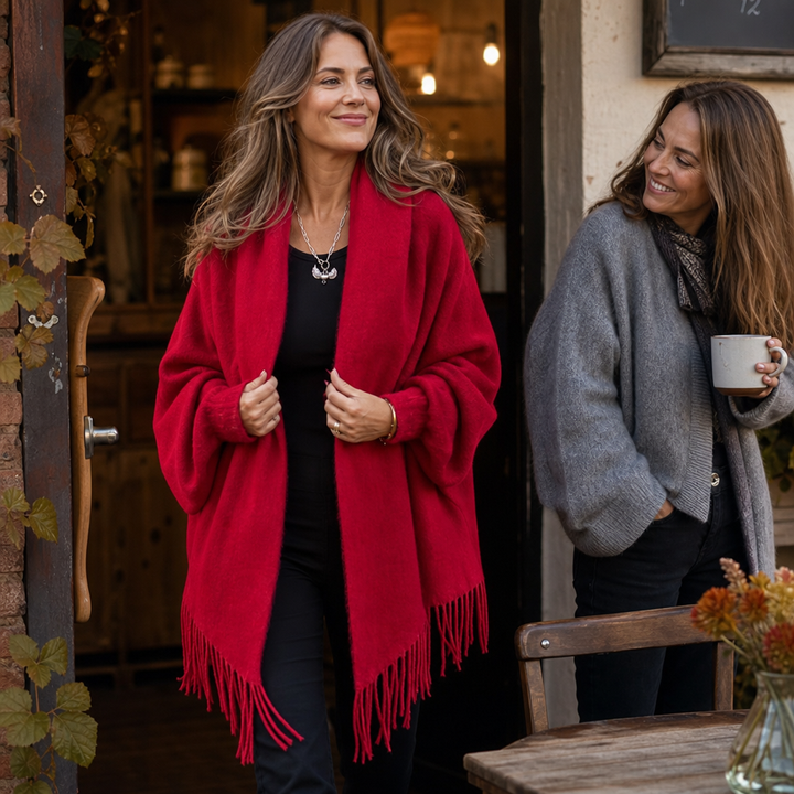 Tanja | Strick-Poncho mit Fransensaum
