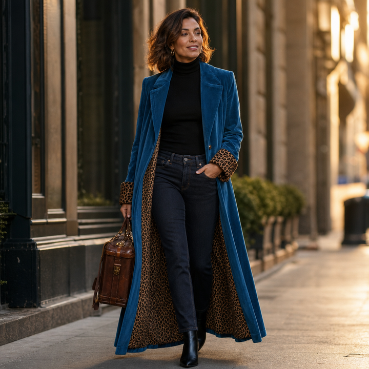 Valentina | Eleganter Samtmantel mit Animal-Details