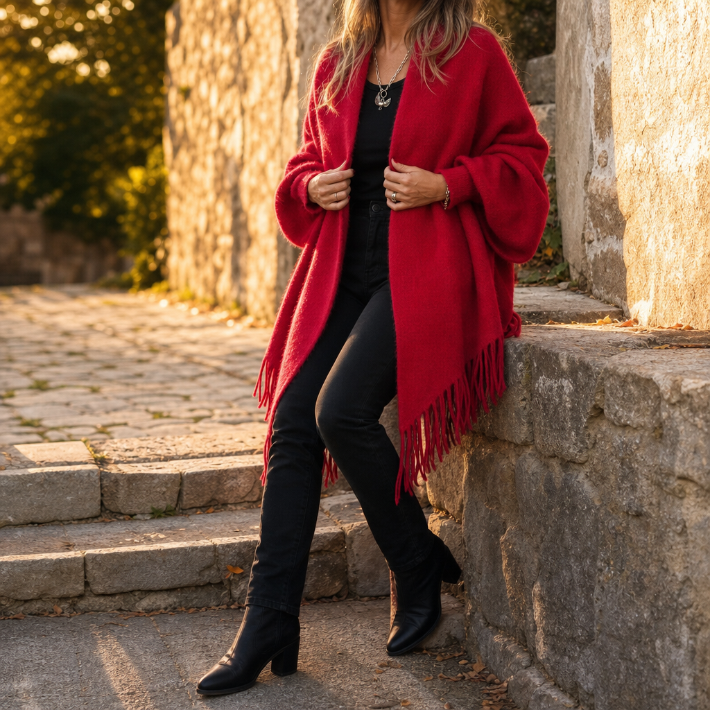 Tanja | Strick-Poncho mit Fransensaum