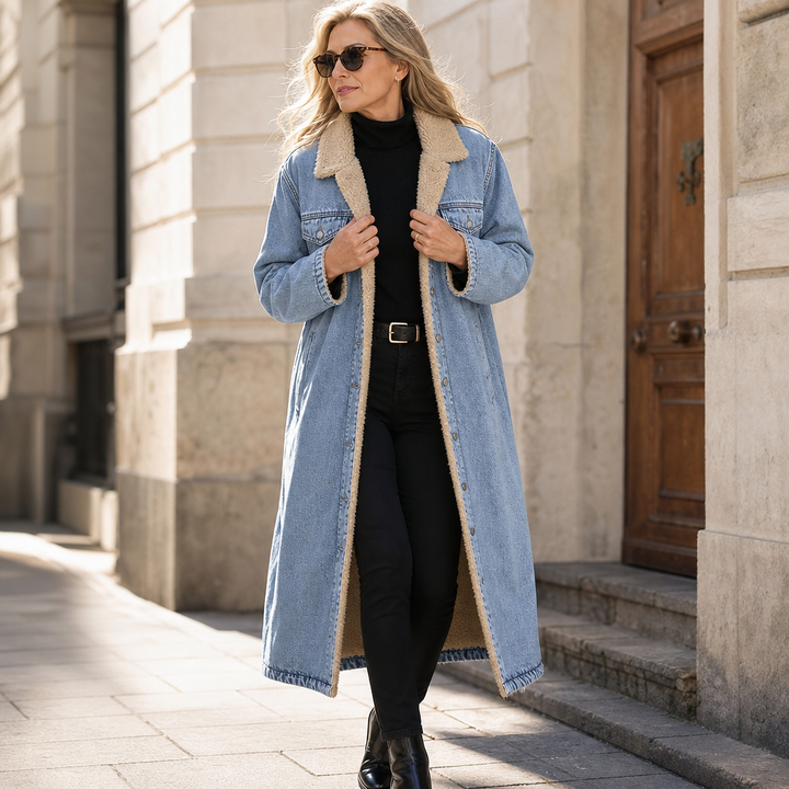 Greta | Langer Jeansmantel mit Teddyfutter