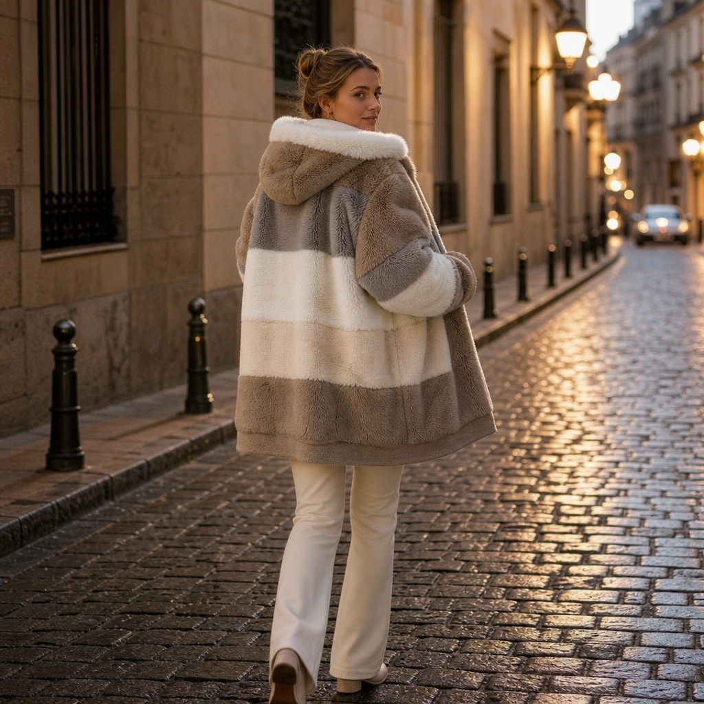 Theresa | Plüschjacke mit Streifen-Design und Kapuze