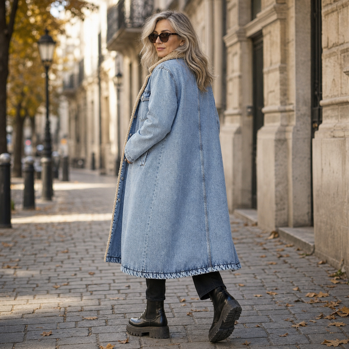 Greta | Langer Jeansmantel mit Teddyfutter