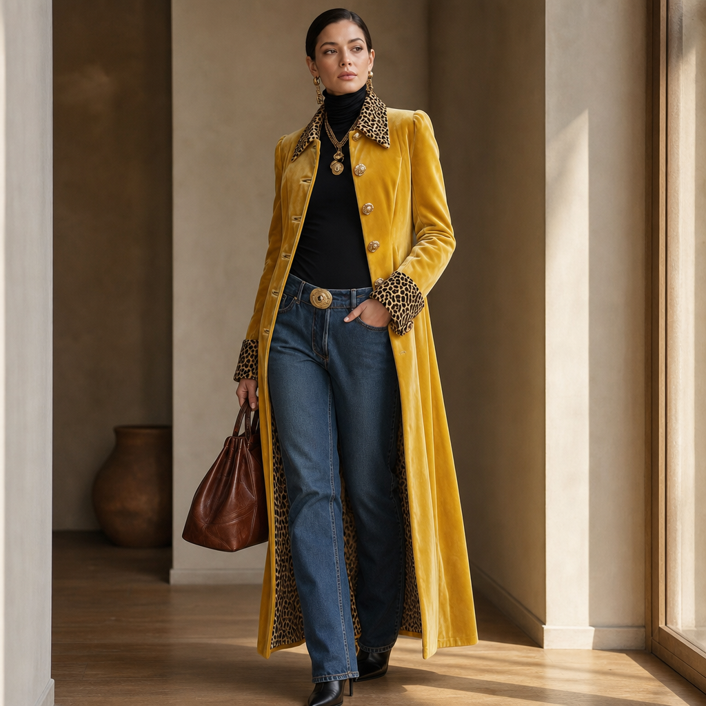 Victoria | Eleganter Samtmantel mit Animal-Details