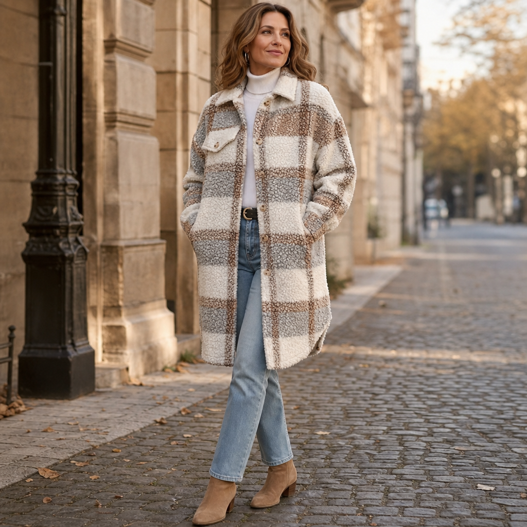 Clara | Kuscheliger Karomantel im Teddy-Look