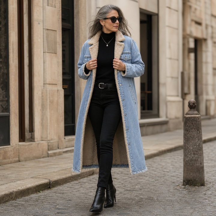 Greta | Langer Jeansmantel mit Teddyfutter