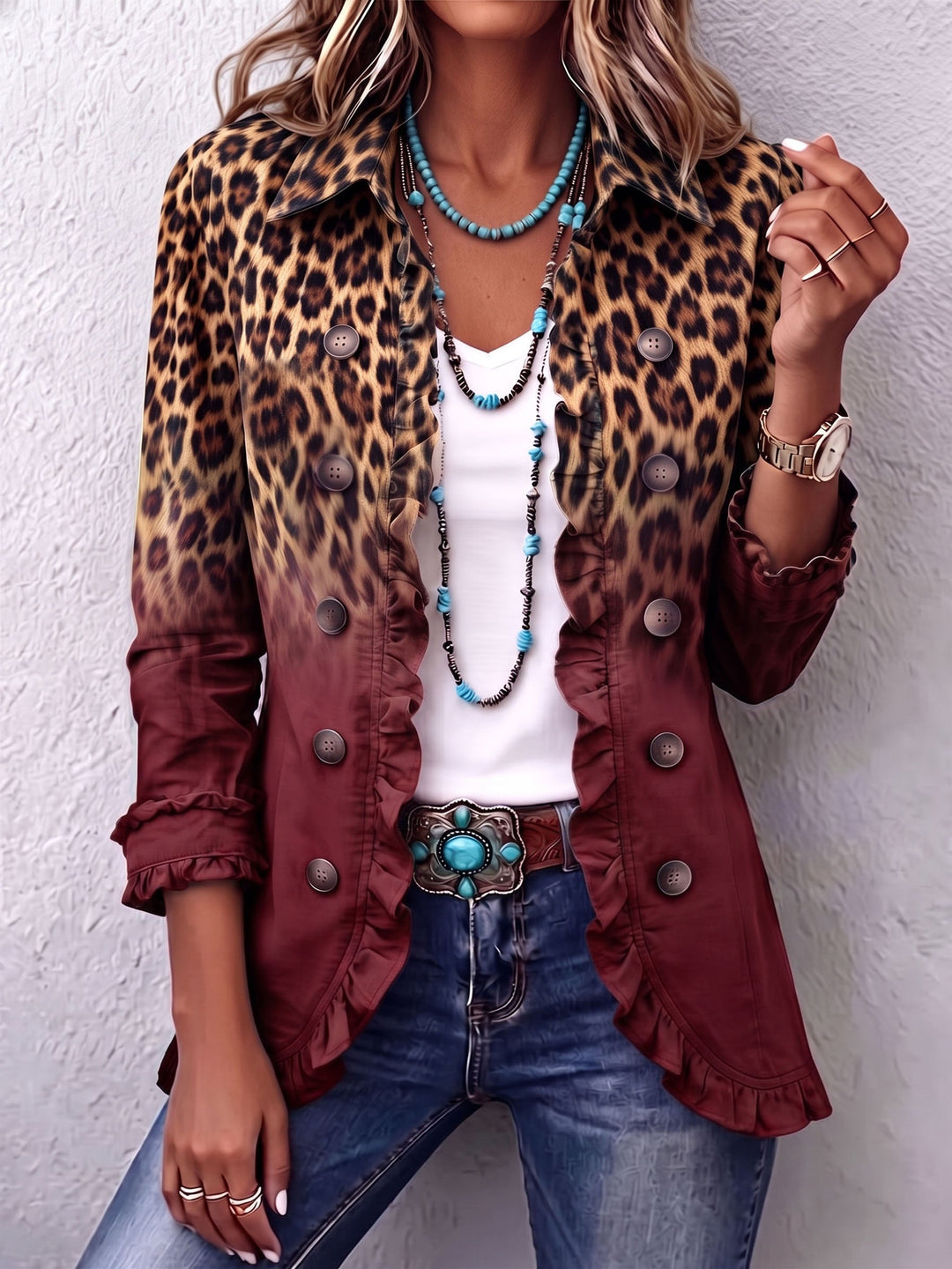 Chantal | Blazer mit Farbverlauf und Leopardenmuster mit Rüschen