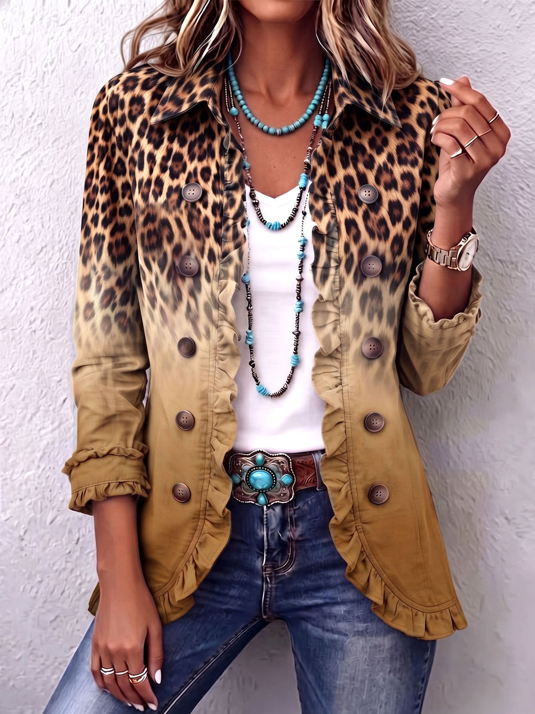 Chantal | Blazer mit Farbverlauf und Leopardenmuster mit Rüschen