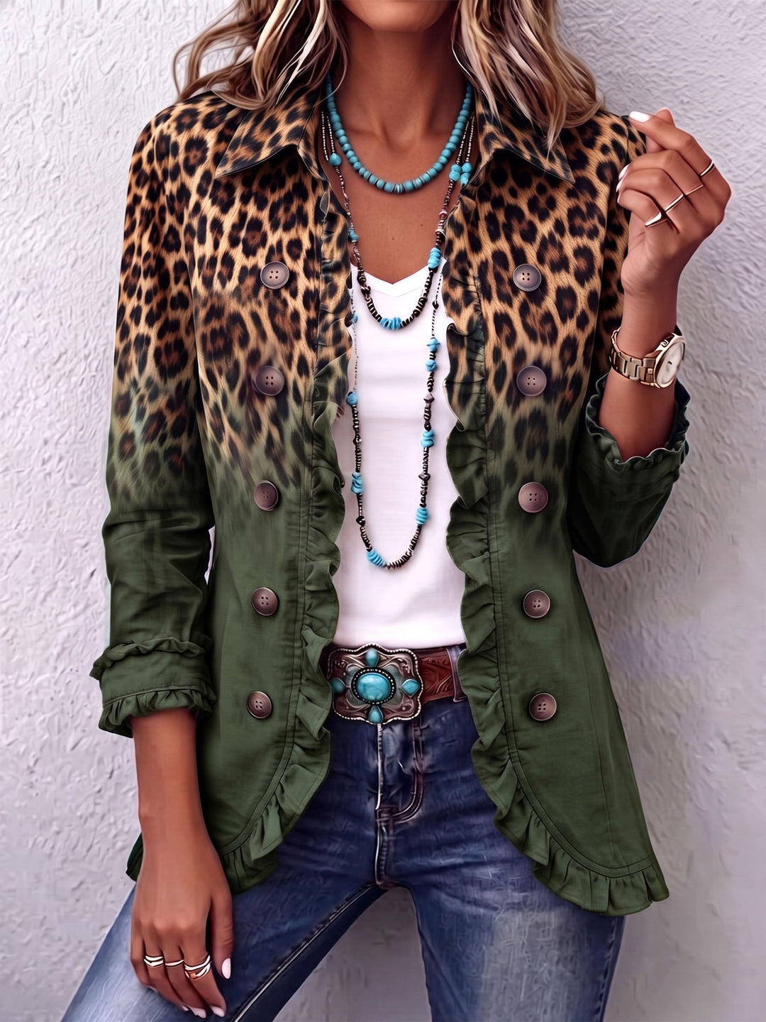 Chantal | Blazer mit Farbverlauf und Leopardenmuster mit Rüschen